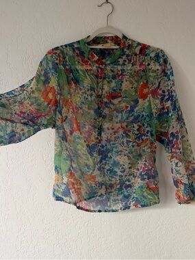 Sheer Multicolor Floral Button-Front Blouse - Green/Blue/Pink